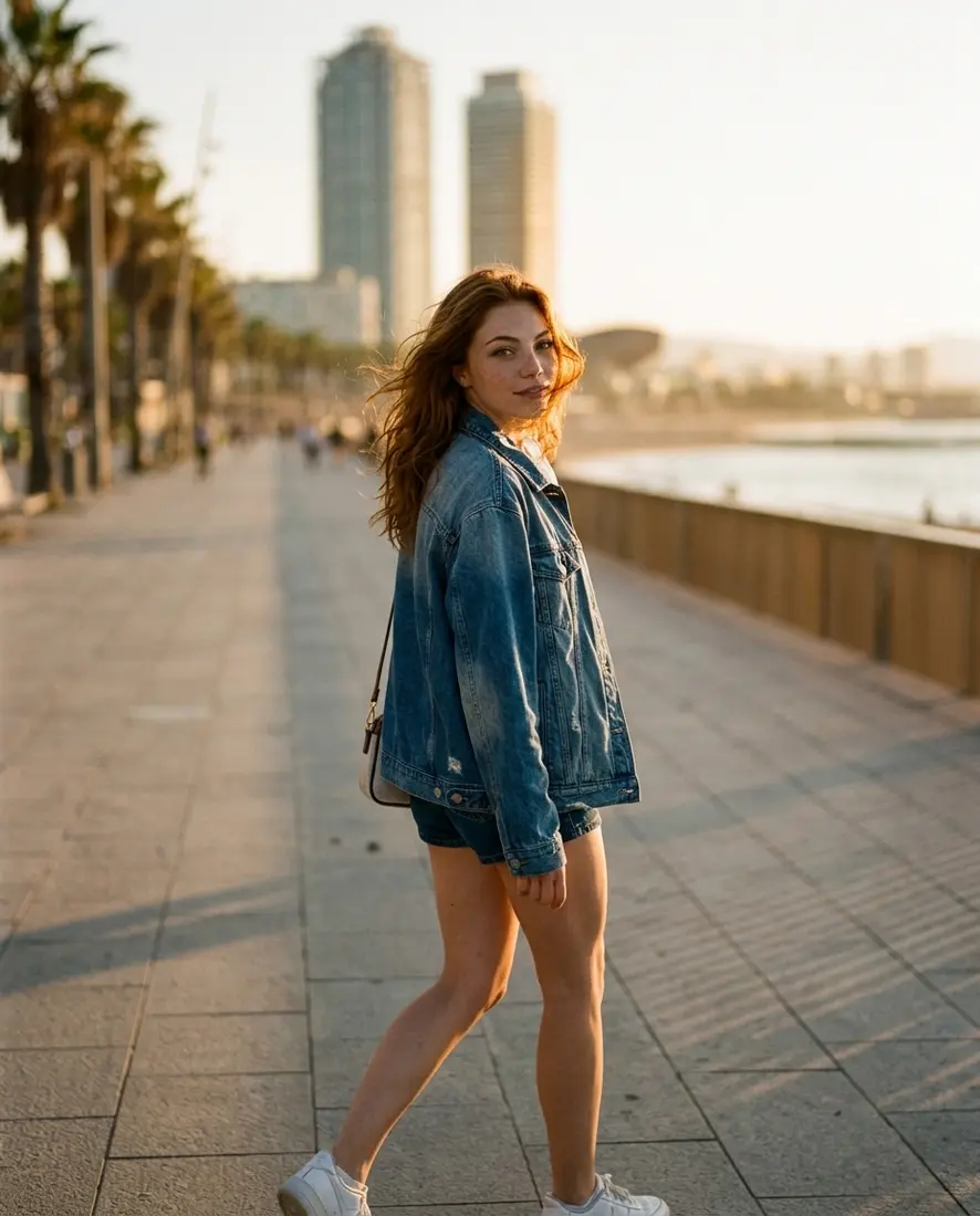 Roxie walking along the Bogatell beach promenade during sunset.
