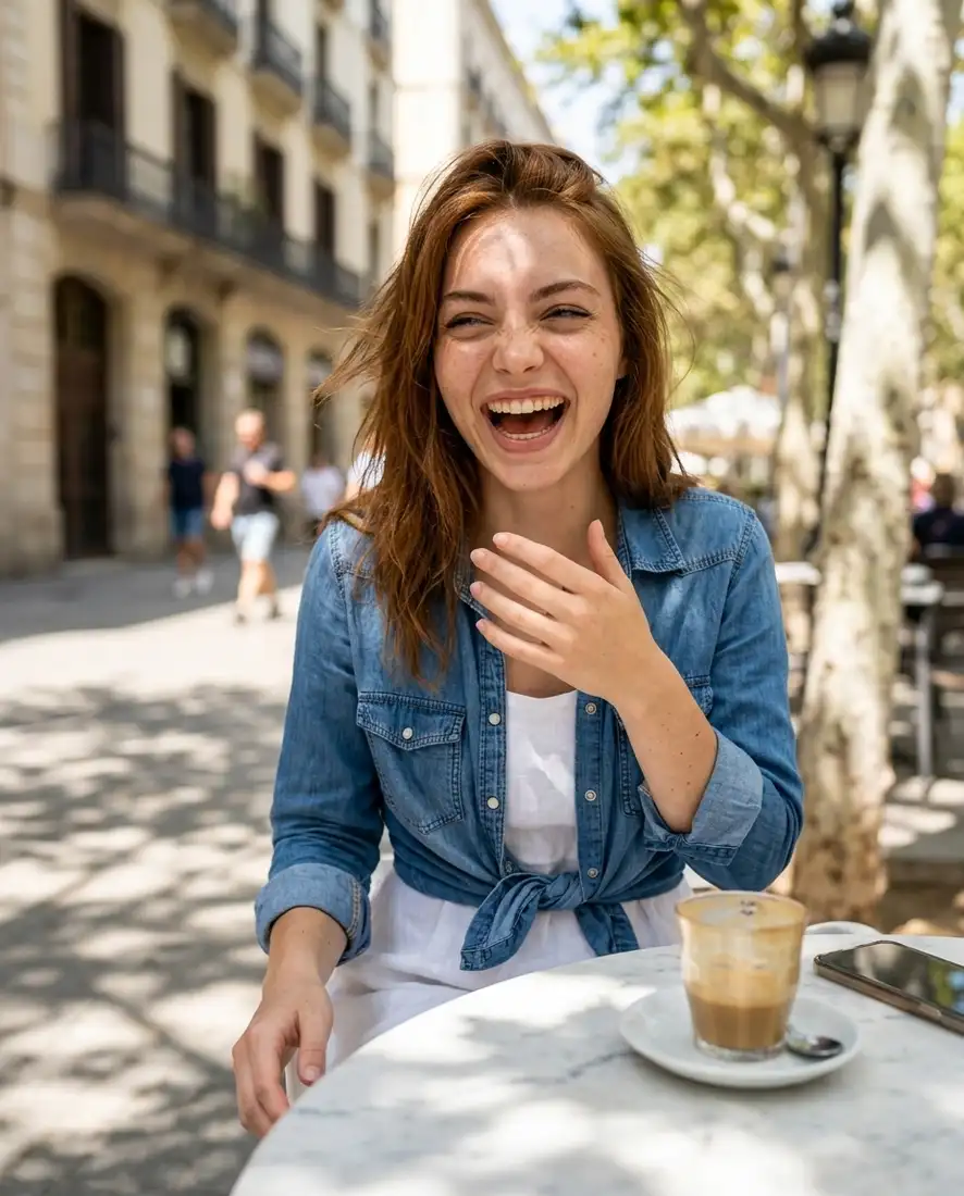 Roxie enjoying a cortado coffee at an outdoor cafe terrace on Rambla del Poblenou.
